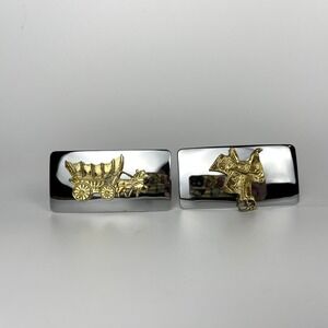 2 Vtg Western Belt Buckles Covered Wagon Saddle Silver Gold Tone Country Lot EUC